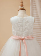 Duchesse-Linie/Princess-Linie Tüll Bodenlang Elfenbein Blumenmädchenkleid 