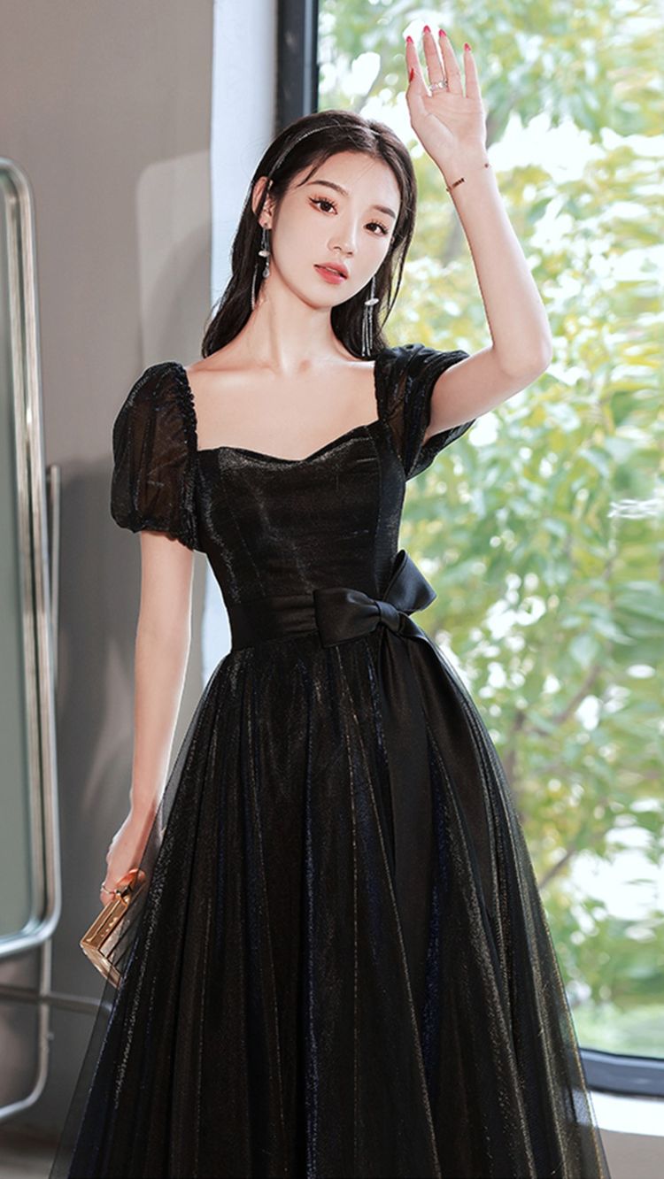 Vestido de fiesta largo de tul negro, corte A, vestido de noche Y1138