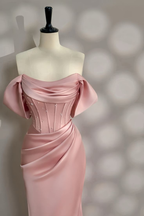 Hermoso vestido de noche de sirena rosa con cuentas de perlas y hombros descubiertos, vestido de fiesta Y7604