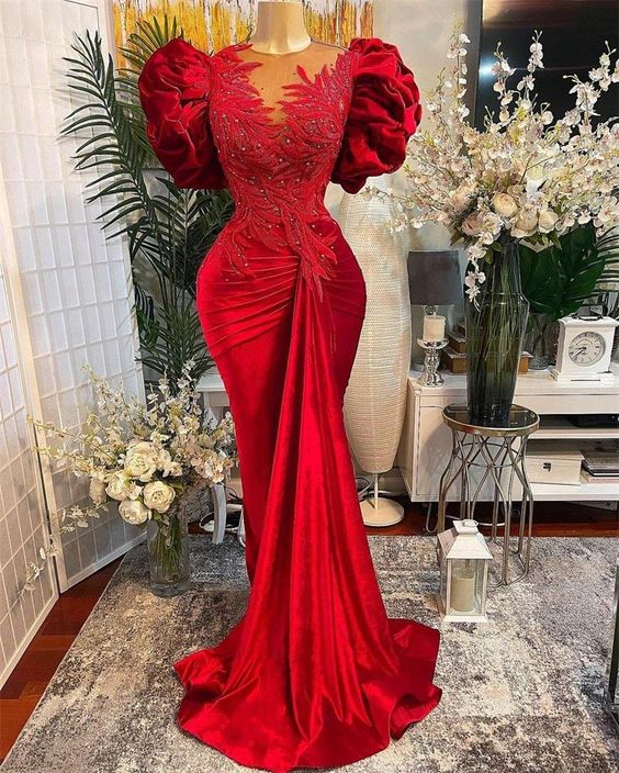 Vestido de fiesta de sirena rojo de lujo con encaje y cuentas, cuello transparente, vestido de noche, ropa formal para fiesta Y02