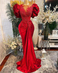 Vestido de fiesta de sirena rojo de lujo con encaje y cuentas, cuello transparente, vestido de noche, ropa formal para fiesta Y02