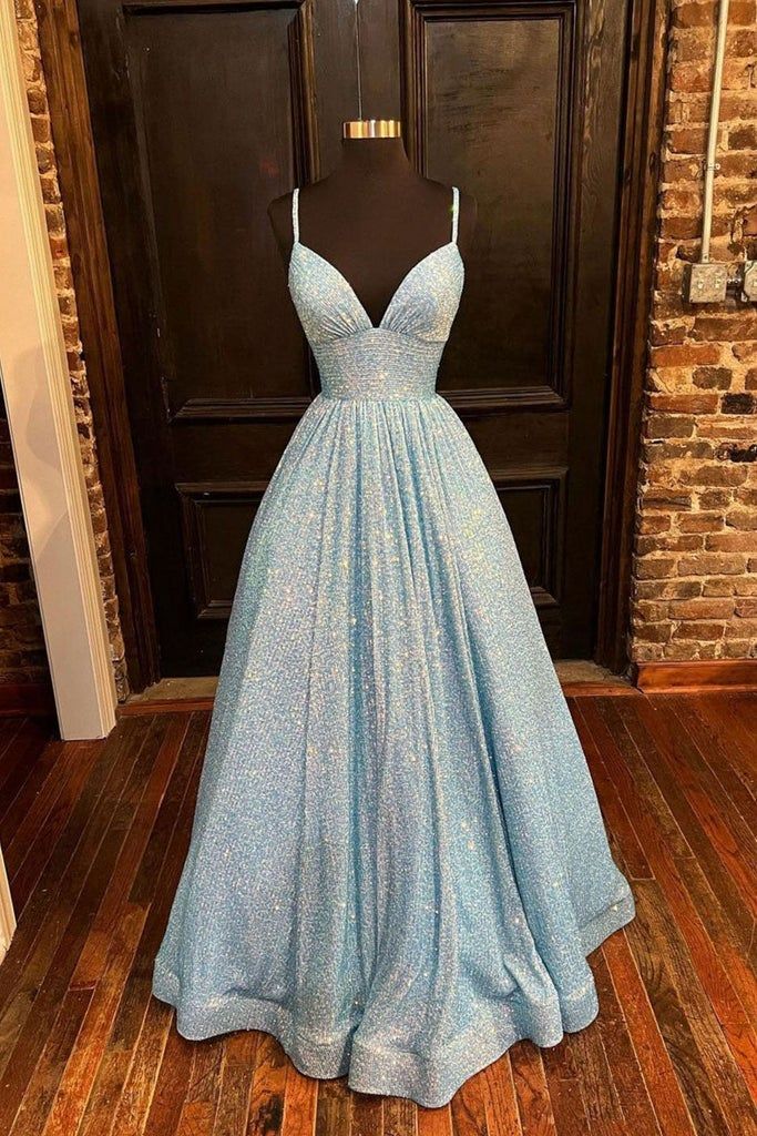 Vestido de fiesta largo con lentejuelas y escote en V, corte A, estilo formal, Y04