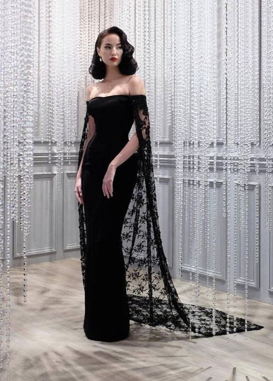 Vestido de fiesta de sirena negro con capa, elegante vestido de noche Y14