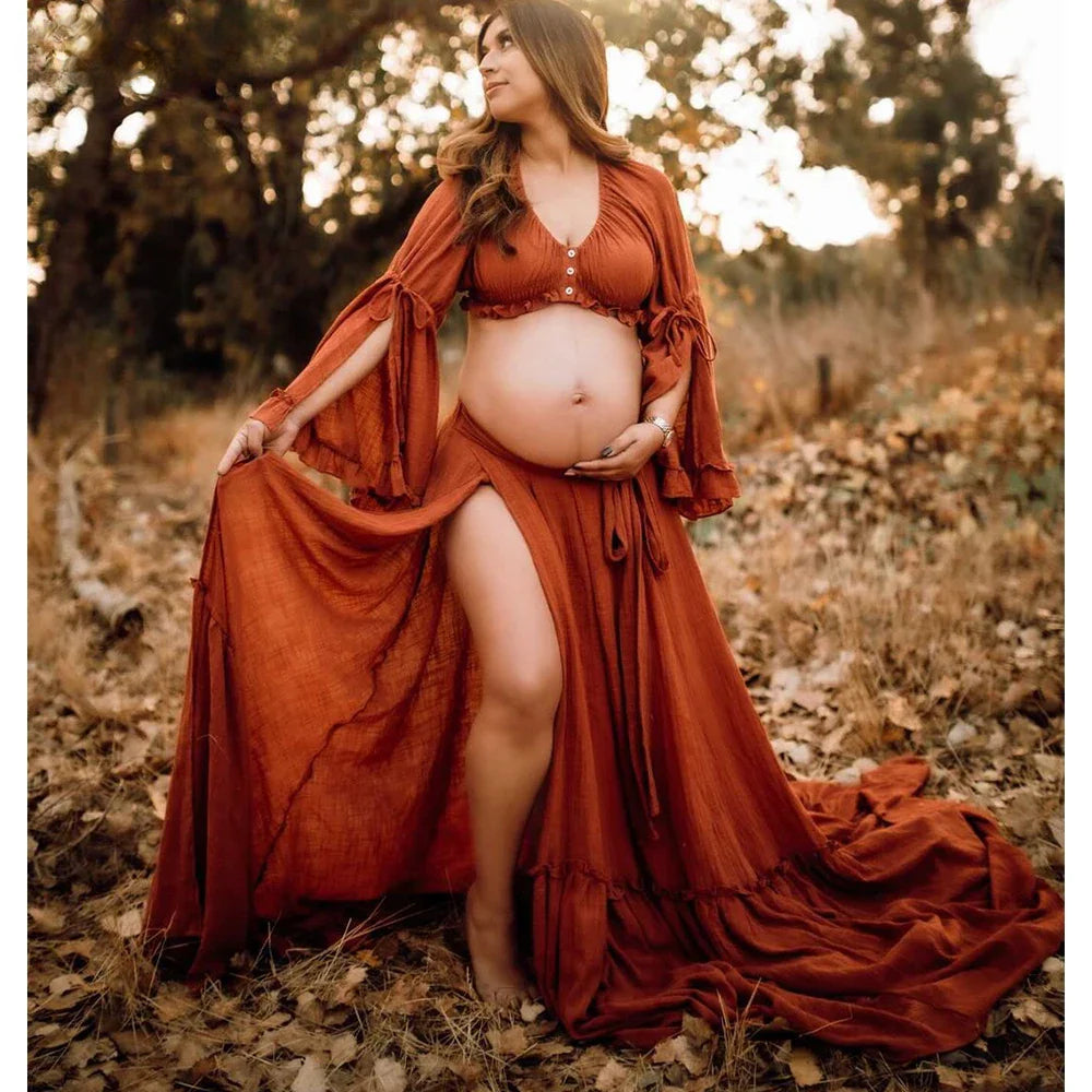 Zweiteiliges Schwangerschaftskleid aus Baumwolle und Leinen für Fotoshootings, Fotografie-Outfit für Babypartys SY211008 