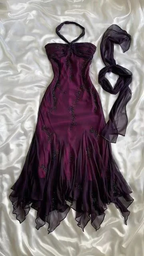 Vestido de fiesta vintage de sirena de gasa con cuentas moradas y cuello halter, vestido de noche largo Y7503