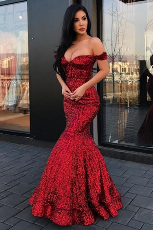 Vestido formal de fiesta con lentejuelas y hombros descubiertos, estilo sirena, color burdeos