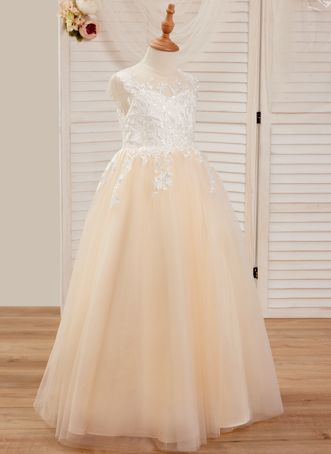A-Linie Spitze Tüll Bodenlang Rosa Kleid (010226589) 