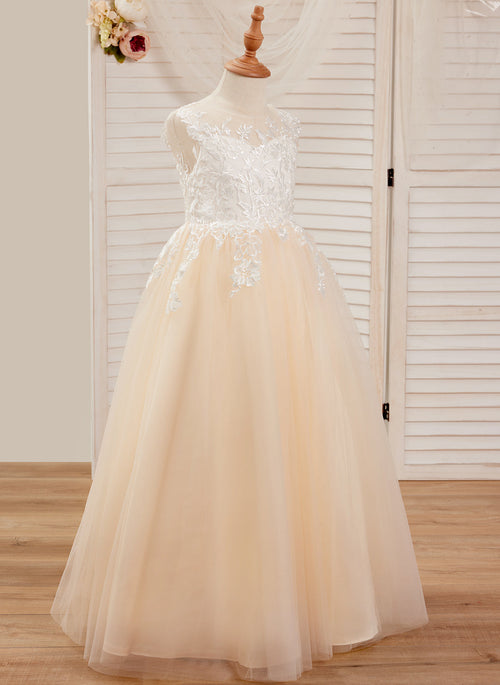 Vestido rosa de tul con encaje y corte en A hasta el suelo (010226589)