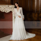 Elegant Glitter Tulle Deep V-Neck Wedding Dresses Princess Shiny Lantern Sleeves Backless A-Line Pleated Bridal Gowns-payinti