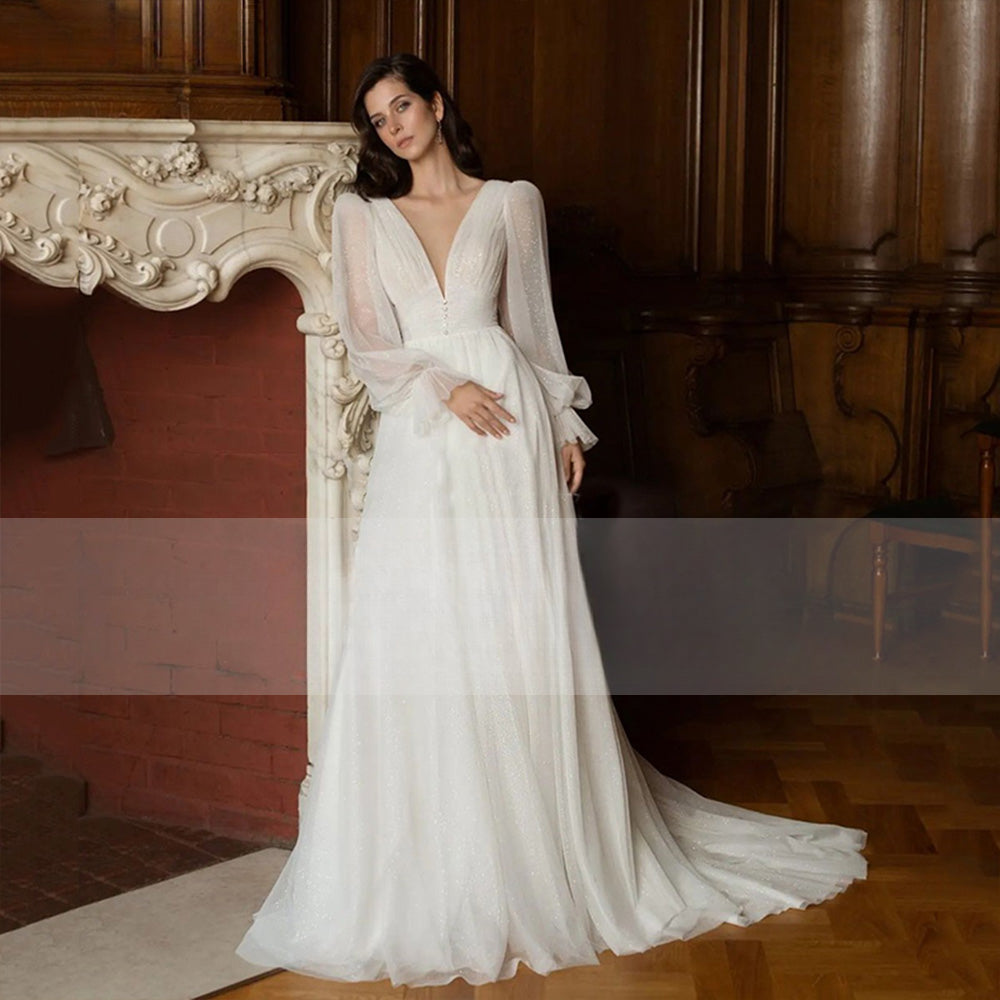 Elegant Glitter Tulle Deep V-Neck Wedding Dresses Princess Shiny Lantern Sleeves Backless A-Line Pleated Bridal Gowns-payinti