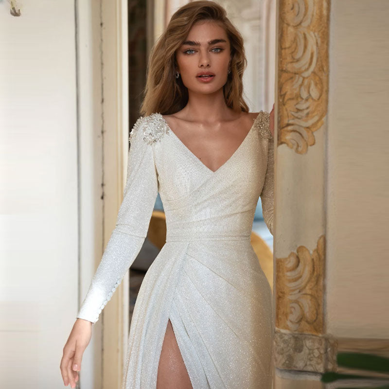 Sparkly Wedding Dresses Sheath V-Neck Long Sleeves Beaded Backless Bridal Gown Side Split Vestido De Noiva Court Train-payinti