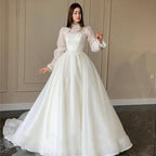 Modest Organza A Line Appliques Lace Wedding Dress Puff Long Sleeves High Neck Bridal Gowns Robe De Mariage Custom TG001-payinti