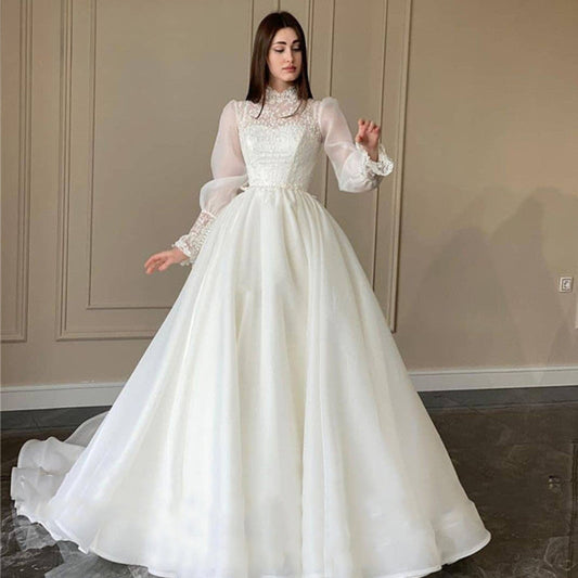 Modest Organza A Line Appliques Lace Wedding Dress Puff Long Sleeves High Neck Bridal Gowns Robe De Mariage Custom TG001-payinti