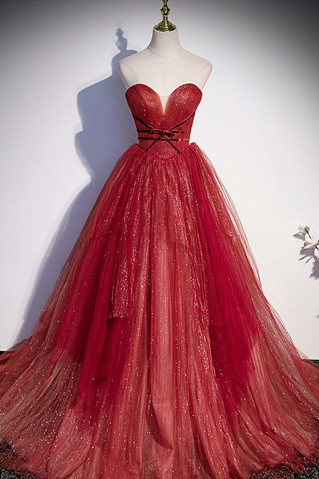 Burgunderrotes langes Ballkleid mit Tüll und Pailletten in A-Linie, Abendkleid S55