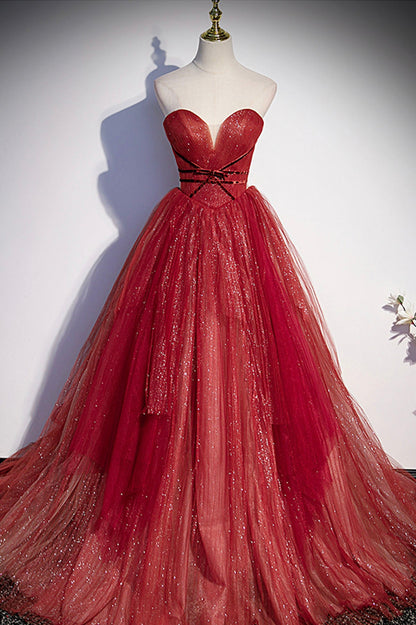 Burgunderrotes langes Ballkleid mit Tüll und Pailletten in A-Linie, Abendkleid S55