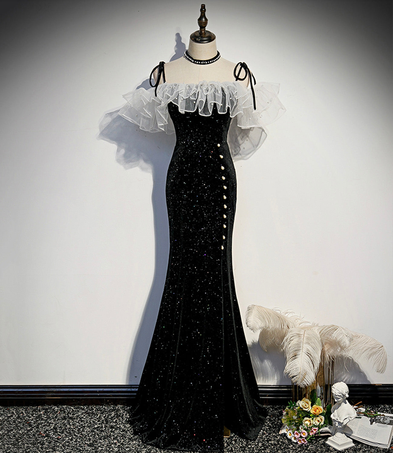 Schwarzes Samt langes Ballkleid Meerjungfrau Abendkleid S57