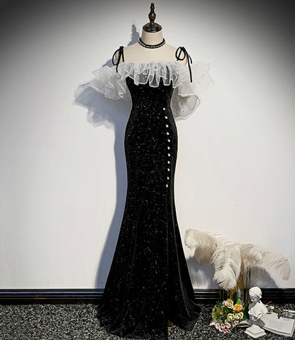 Schwarzes Samt langes Ballkleid Meerjungfrau Abendkleid S57