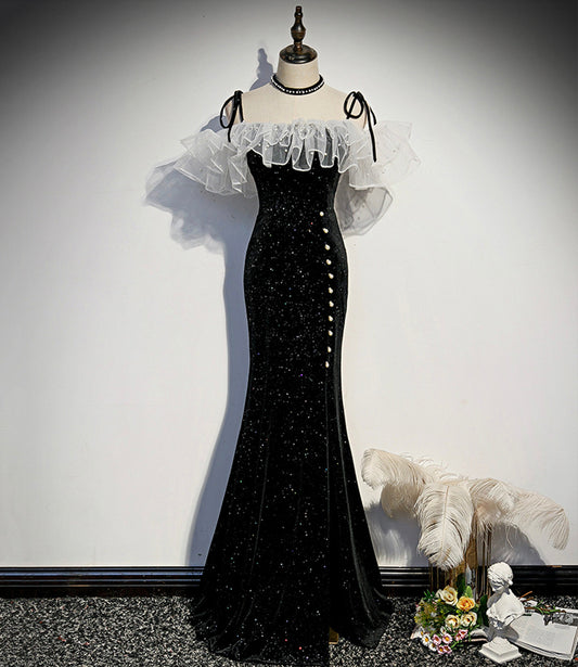 Schwarzes Samt langes Ballkleid Meerjungfrau Abendkleid S57
