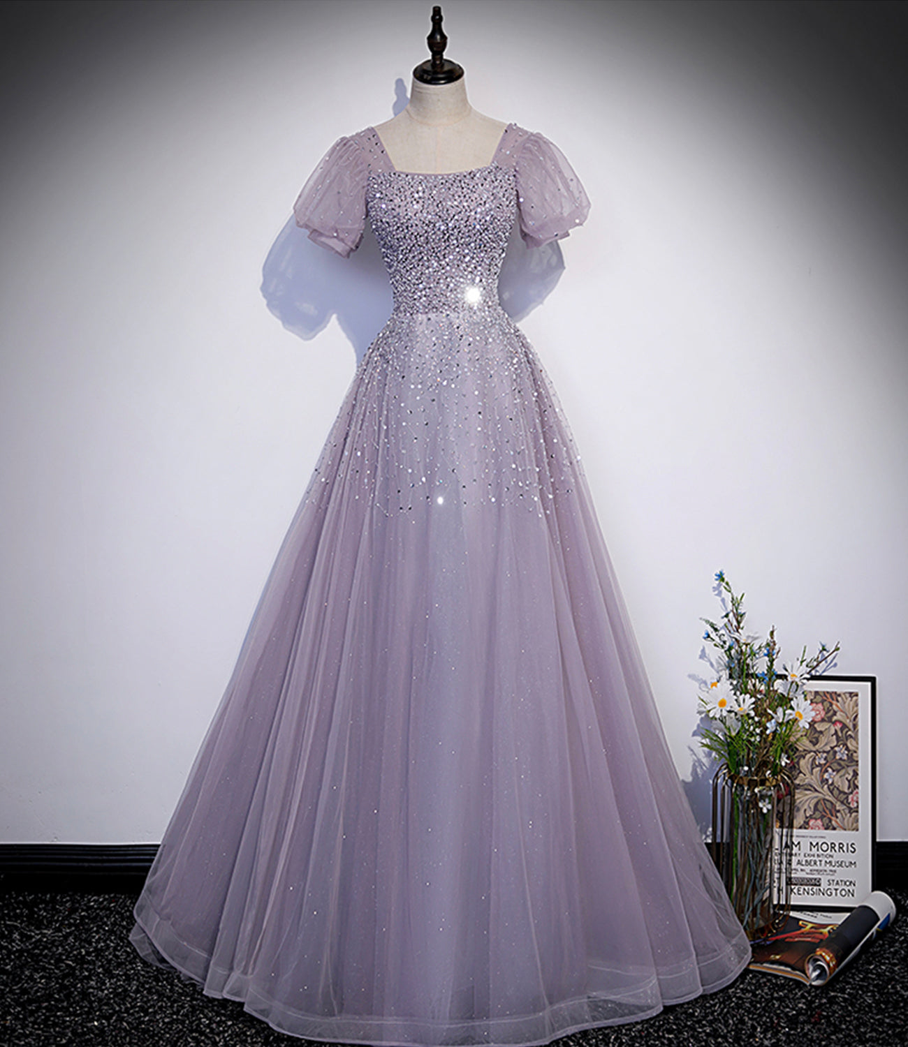 Lila Tüll Perlen langes Ballkleid A-Linie Abendkleid s59