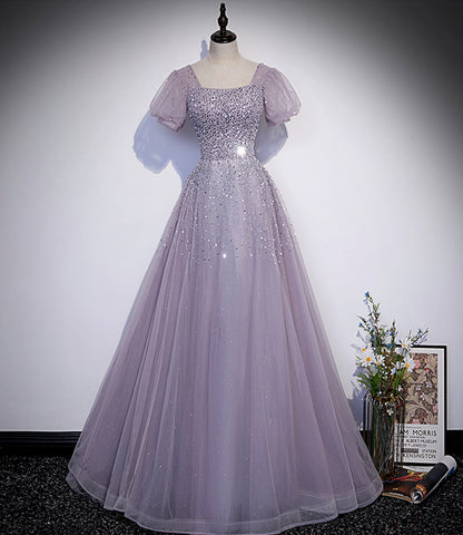 Lila Tüll Perlen langes Ballkleid A-Linie Abendkleid s59