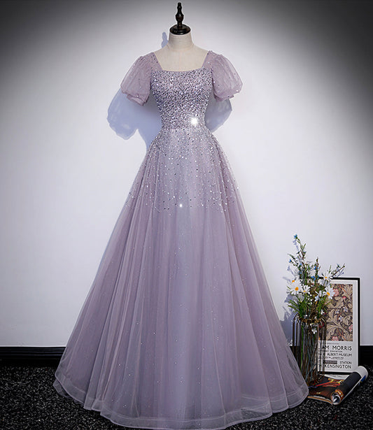 Lila Tüll Perlen langes Ballkleid A-Linie Abendkleid s59