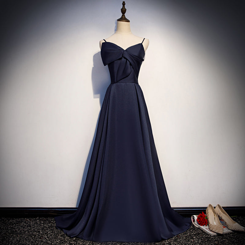 Vestido de fiesta largo de satén azul oscuro, vestido de noche sencillo s93