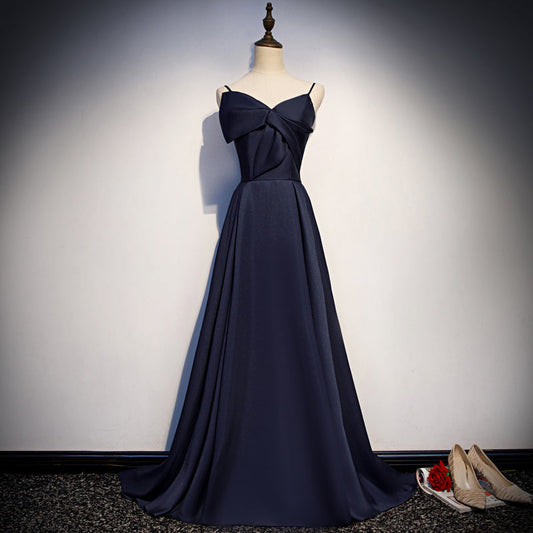 Dunkelblaues langes Satin-Ballkleid, schlichtes Abendkleid s93