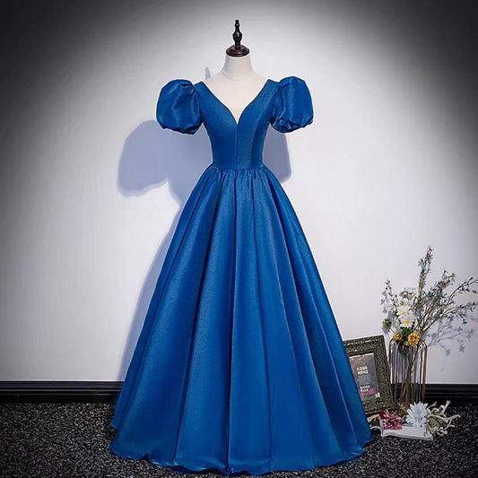 Blaues langes Ballkleid in A-Linie, Abendkleid S64