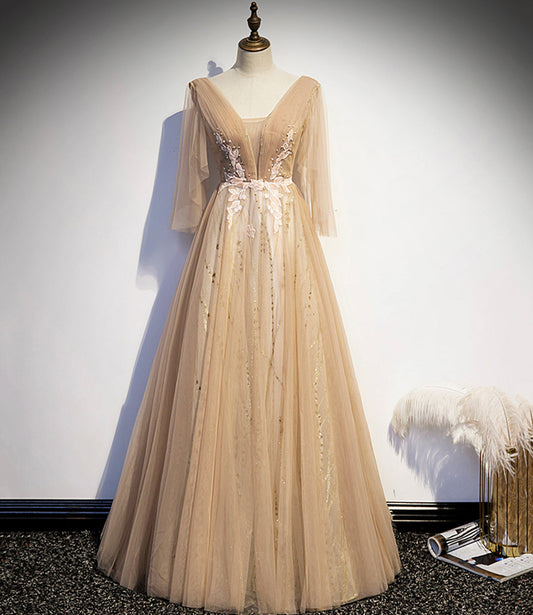 Champagner V-Ausschnitt Spitze langes Ballkleid A-Linie Abendkleid s77