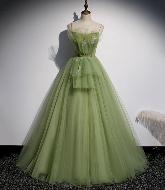 Grünes langes Ballkleid aus Tüll in A-Linie, Abendkleid S56