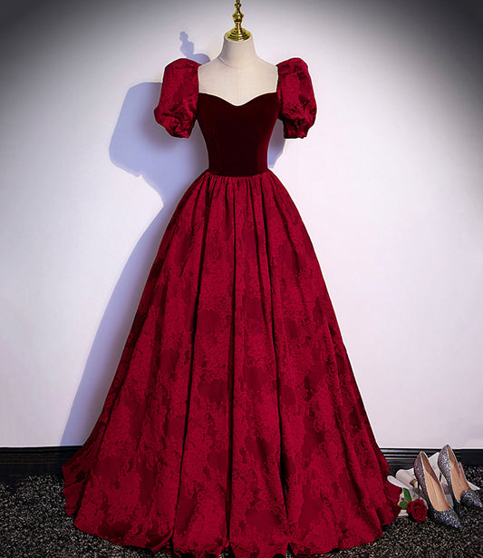 Burgunderrotes langes Ballkleid aus Samt-Jacquard, Abendkleid S89