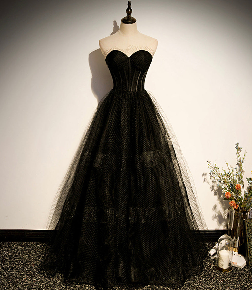 Schwarzes langes A-Linien-Ballkleid aus Tüll, schwarzes Abendkleid S68
