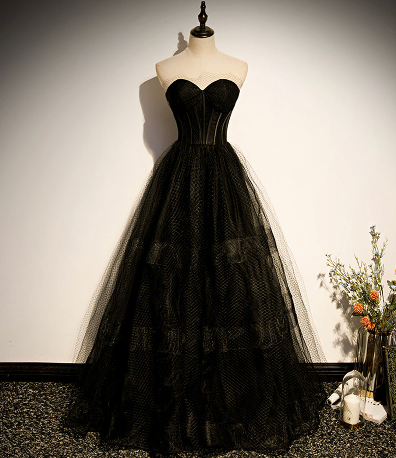 Schwarzes langes A-Linien-Ballkleid aus Tüll, schwarzes Abendkleid S68