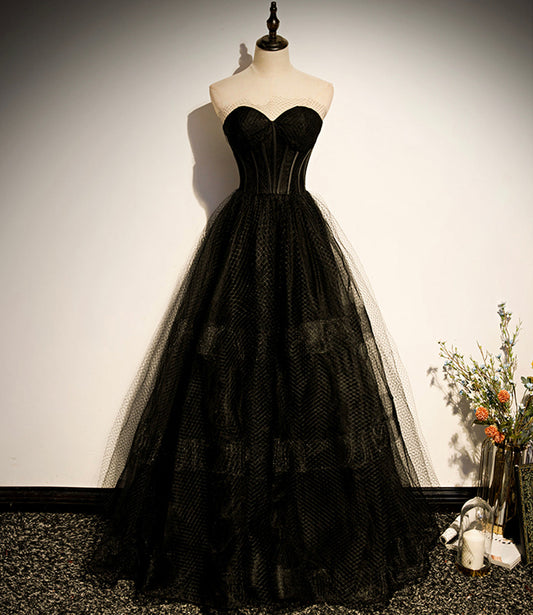 Schwarzes langes A-Linien-Ballkleid aus Tüll, schwarzes Abendkleid S68