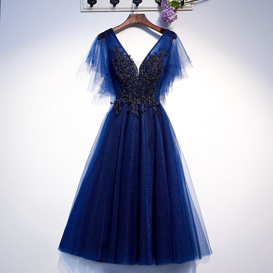 Vestido corto de tul azul con escote en V para fiesta de bienvenida, talla 94