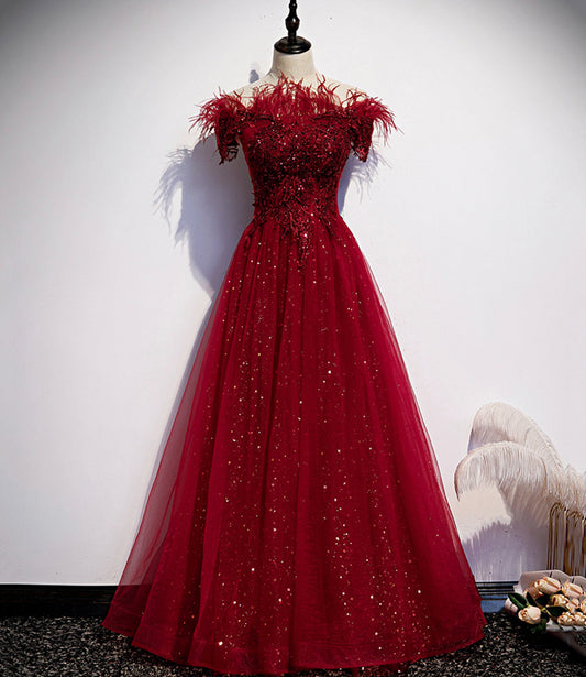 Burgunder Tüll Pailletten langes A-Linie Ballkleid Abendkleid S69