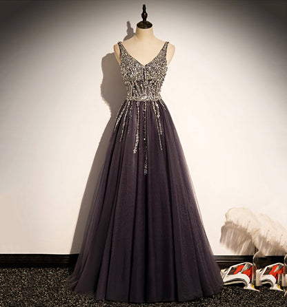 Stilvolles langes Ballkleid aus Tüll mit V-Ausschnitt, A-Linie, Abendkleid S76