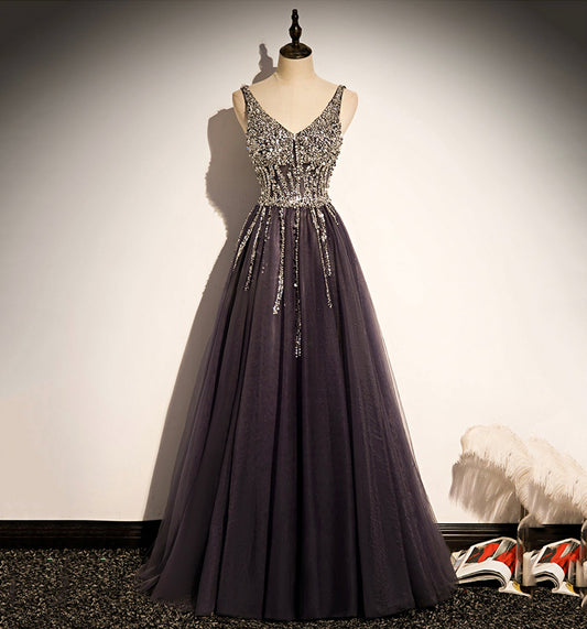 Stilvolles langes Ballkleid aus Tüll mit V-Ausschnitt, A-Linie, Abendkleid S76