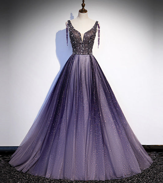Lila V-Ausschnitt Tüll Perlen langes Ballkleid Abendkleid S104