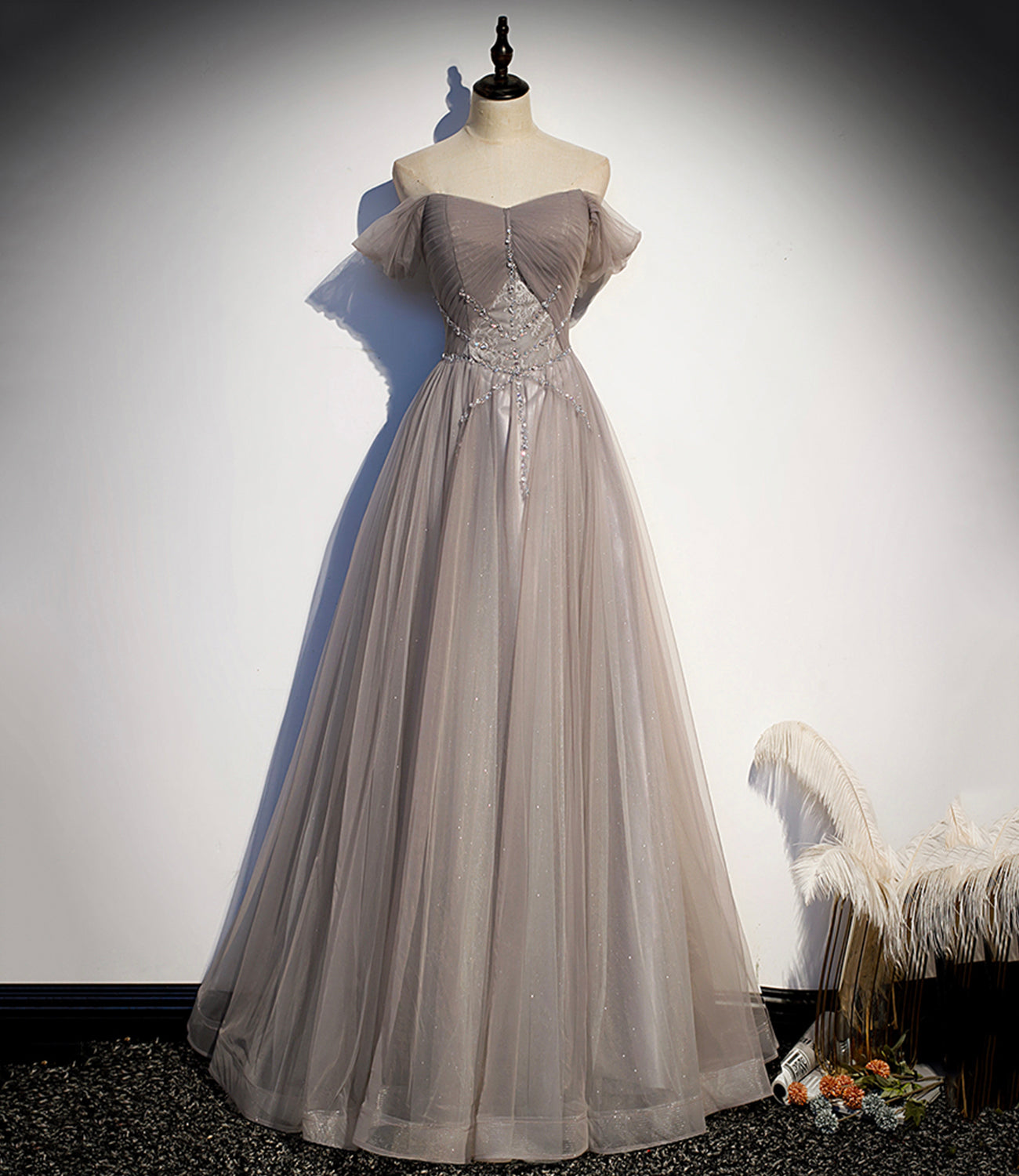 Elegantes langes Ballkleid aus Tüllspitze in A-Linie, Abendkleid s67
