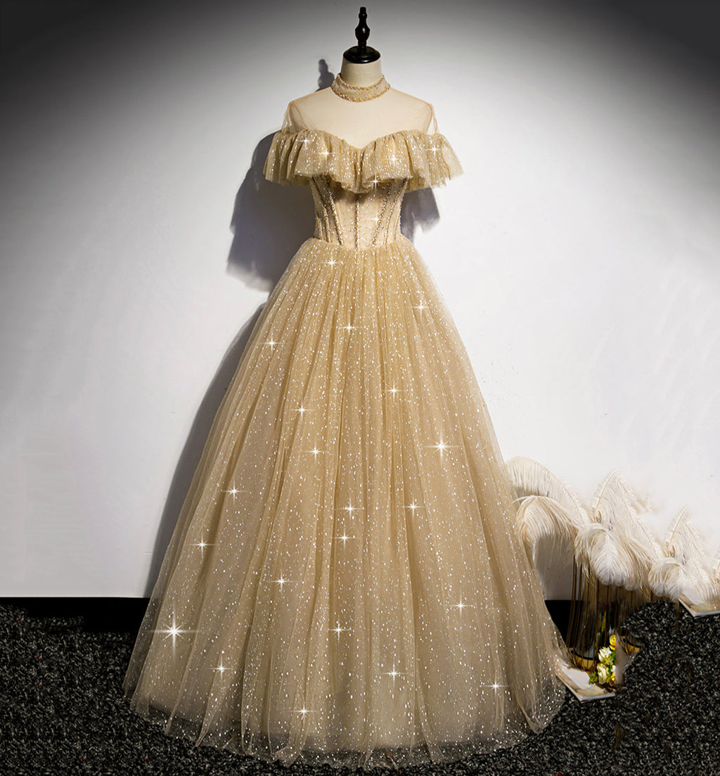 Vestido largo de fiesta con lentejuelas doradas, corte A, talla 78