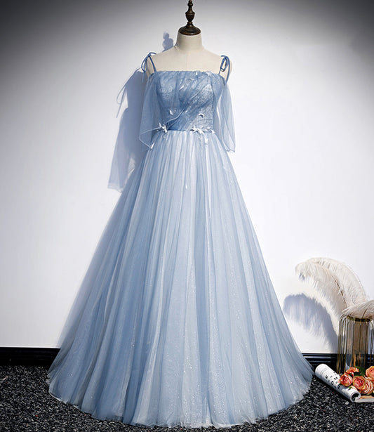 Blaues langes A-Linien-Ballkleid aus Tüll, Abendkleid S72
