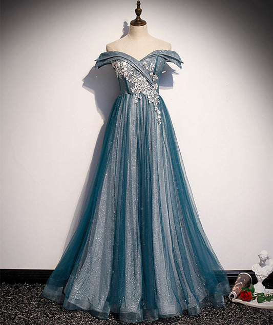 Blaues Tüll-Spitzen-Langballkleid mit schulterfreiem Abendkleid S105