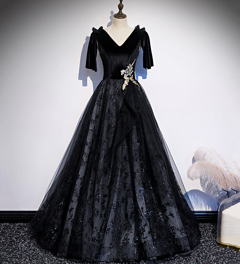 Vestido de fiesta largo de terciopelo negro con encaje, vestido de noche s103