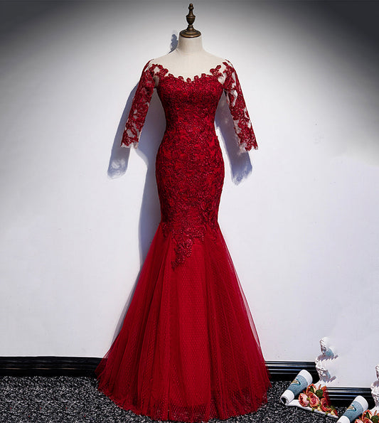 Burgunderrotes langes Ballkleid aus Spitze im Meerjungfrauen-Stil, Abendkleid S110