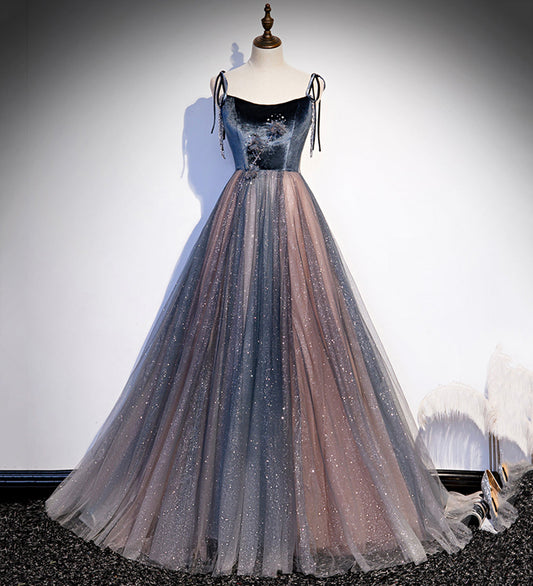 Blaues Tüll Pailletten langes Ballkleid Abendkleid S80
