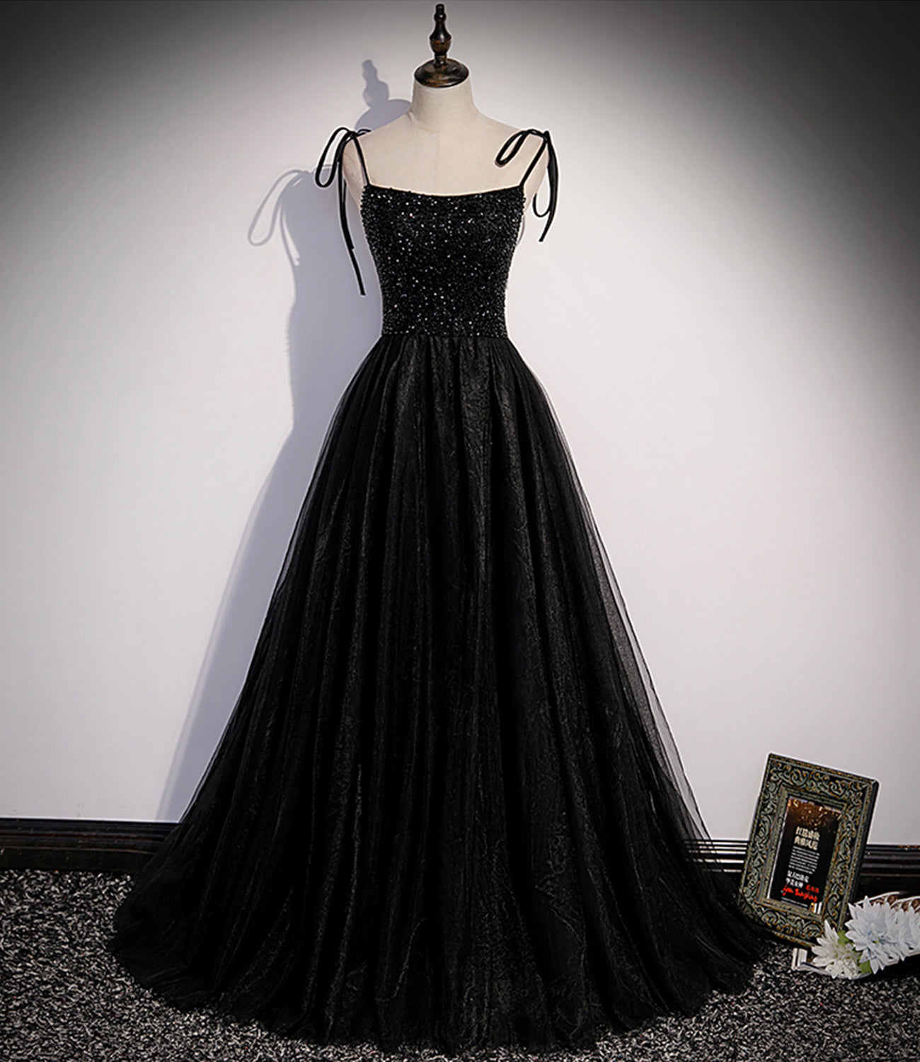 Schwarzes langes Ballkleid mit Tüllperlen in A-Linie, Abendkleid S58