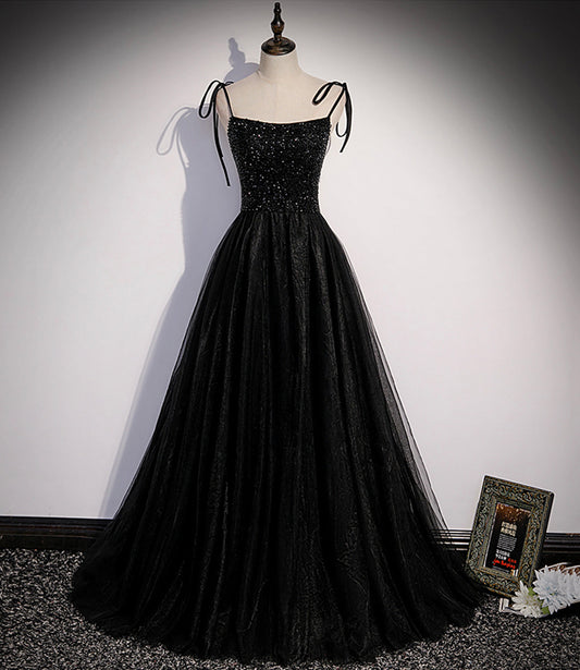 Schwarzes langes Ballkleid mit Tüllperlen in A-Linie, Abendkleid S58