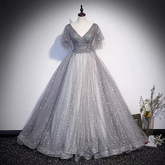 Graues langes Ballkleid mit Tüll-Pailletten in A-Linie, Abendkleid S65
