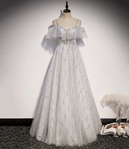 Stilvolles Tüll Pailletten langes A-Linie Ballkleid Abendkleid s71